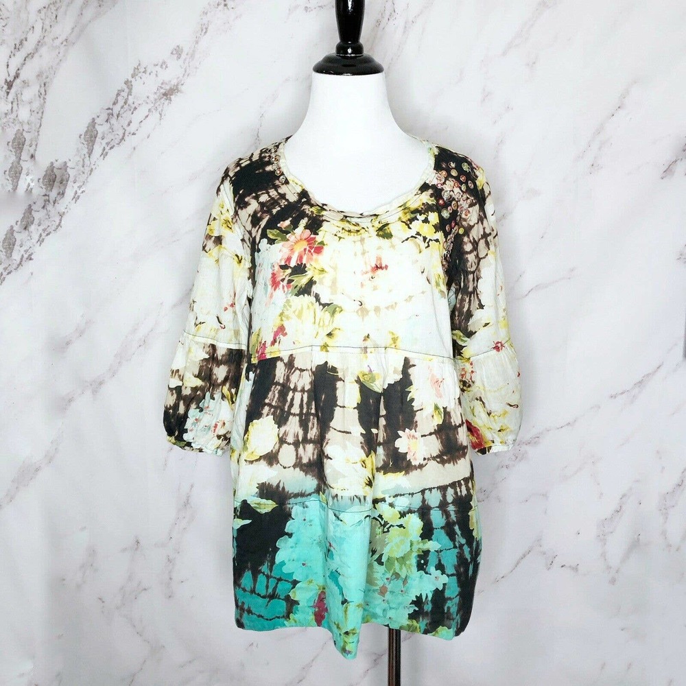 Tianello Floral Tie Dye Embellished Blouse Pockets